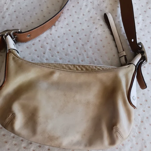 Vintage / Rare Coach Nylon Beige Handbag White Leather Handle Shoulder Bag - Picture 2 of 14
